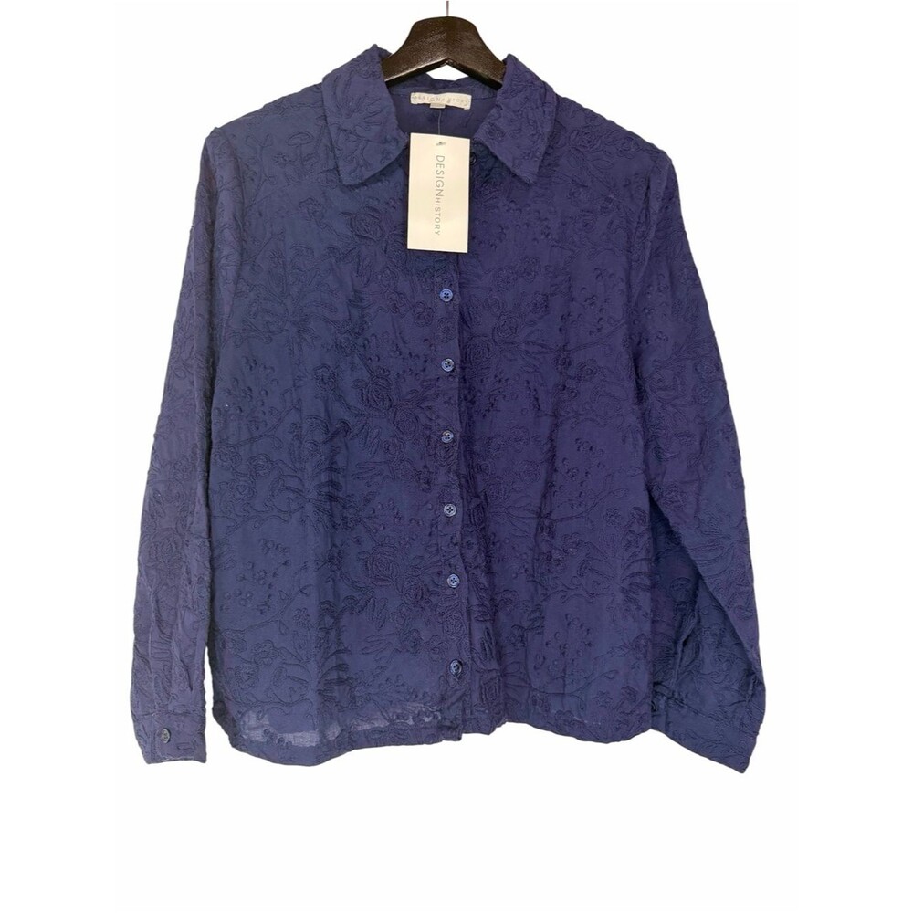 NWT Design History Floral Embroidered Button-Down Shirt size Large Navy Blue Top
